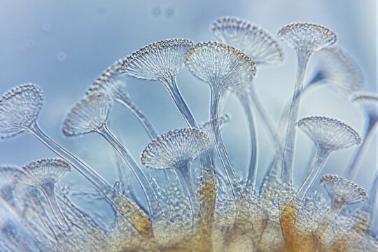 Microscopic fungus sporangia structures under laboratory microscope