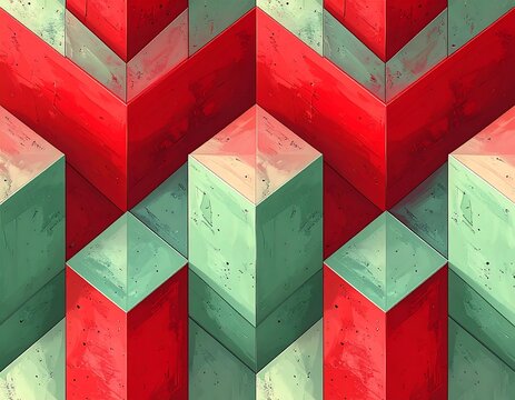Abstract geometric pattern of 3D blocks in alternating red and green hues. The design utilizes a repetitive angular arrangement