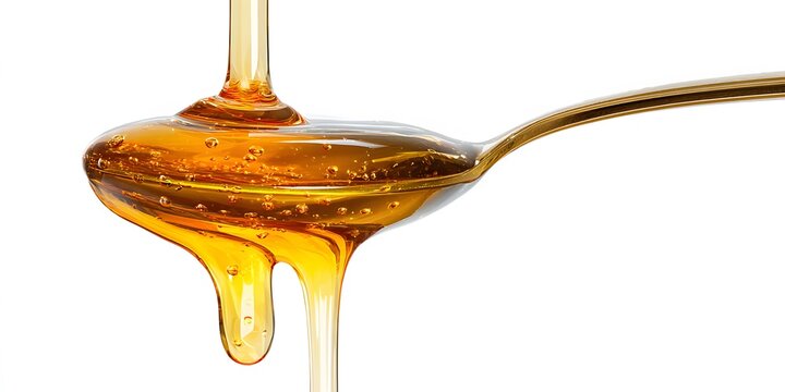 Golden honey dripping from a spoon in a close-up studio shot.