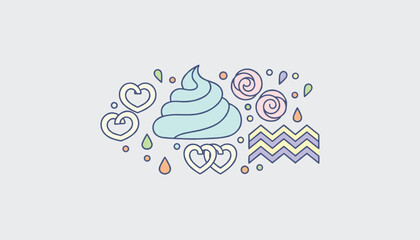 Fototapeta premium Delicate collection of sweet pastel treats including meringue swirls, heart-shaped pretzels, and rose designs on a light background.