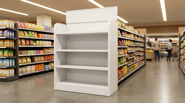 Empty white shelf display end cap in supermarket aisle with blurred snack shelves and shoppers