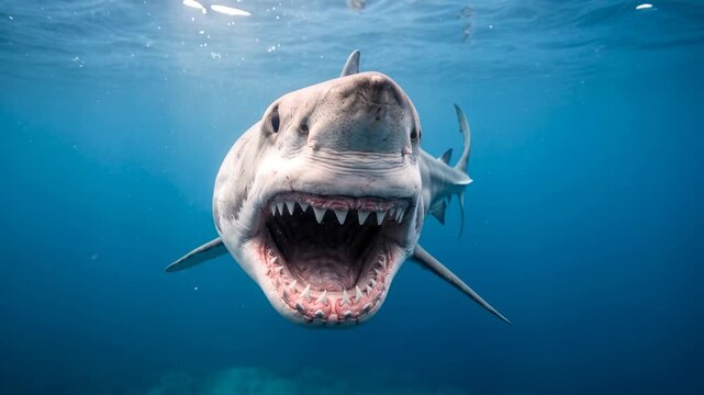 great white shark face underwater close up in guadalupe island mexico morning light video