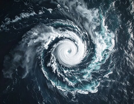 Aerial View of a Powerful Hurricane Swirling Over the Ocean.