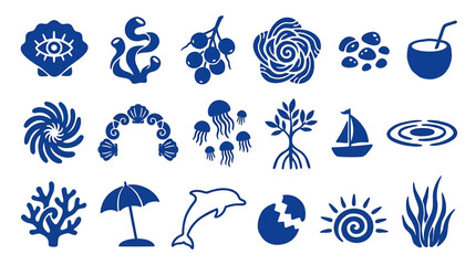 Set of Marine and Tropical Ocean Theme Icons Featuring Sea Life Coral Reefs Nautical Elements and Summer Vacation Symbols in Blue © Crushin