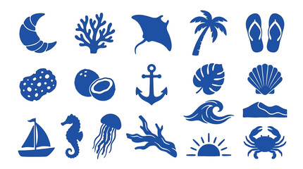 Set of blue marine and summer icons featuring various sea life, beach elements, and tropical symbols for creative design projects © Crushin