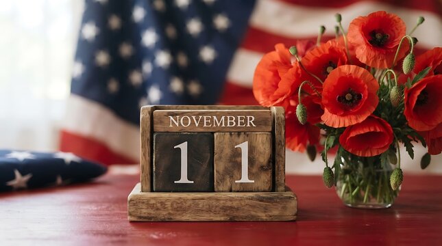 Wooden calendar blocks showing november 11 with red poppies and an american flag for veterans day