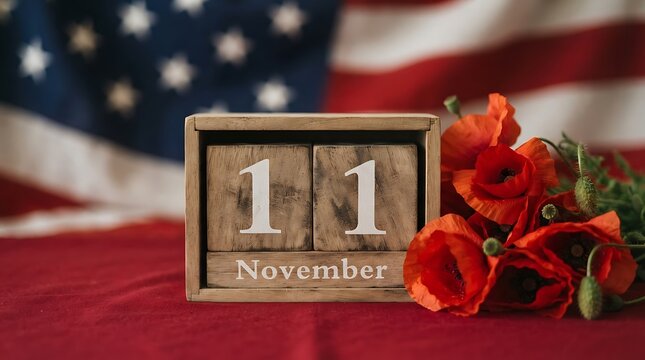 Wooden block calendar showing november 11 with red poppies and american flag background for veterans day