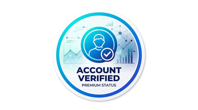 User Account Verified Premium Status Icon with Checkmark and Abstract Data Graphs Background