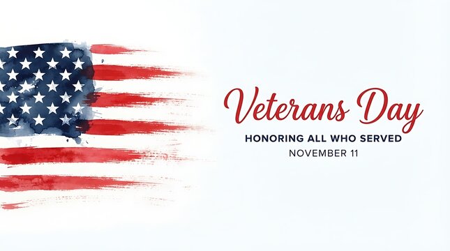 Veterans day greeting card design with a watercolor style american flag illustration on a white background