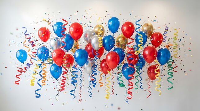 Festive background with red blue and gold balloons and colorful streamers for a celebration or party
