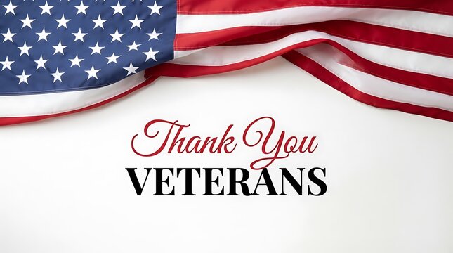 Thank you veterans greeting card design with a waving american flag on a clean white background