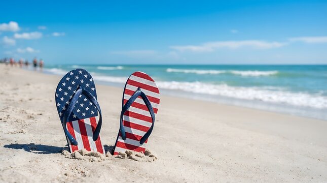 Pair of american flag flip flops standing in the sand on a sunny tropical beach vacation