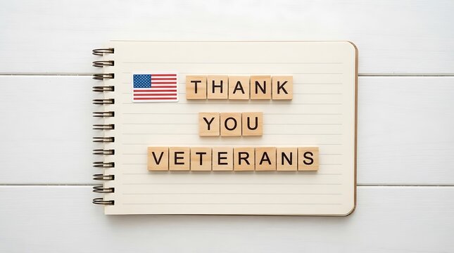 Thank you veterans message spelled with wooden letter tiles on a notebook with an american flag