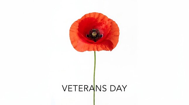 Single red poppy flower isolated on white background with veterans day text for remembrance and memorial day