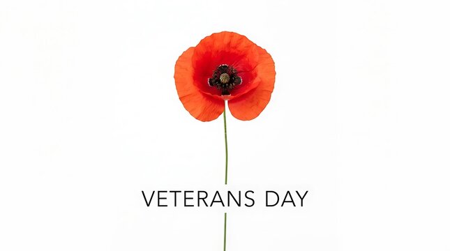 A single red poppy flower isolated on a white background with veterans day text underneath