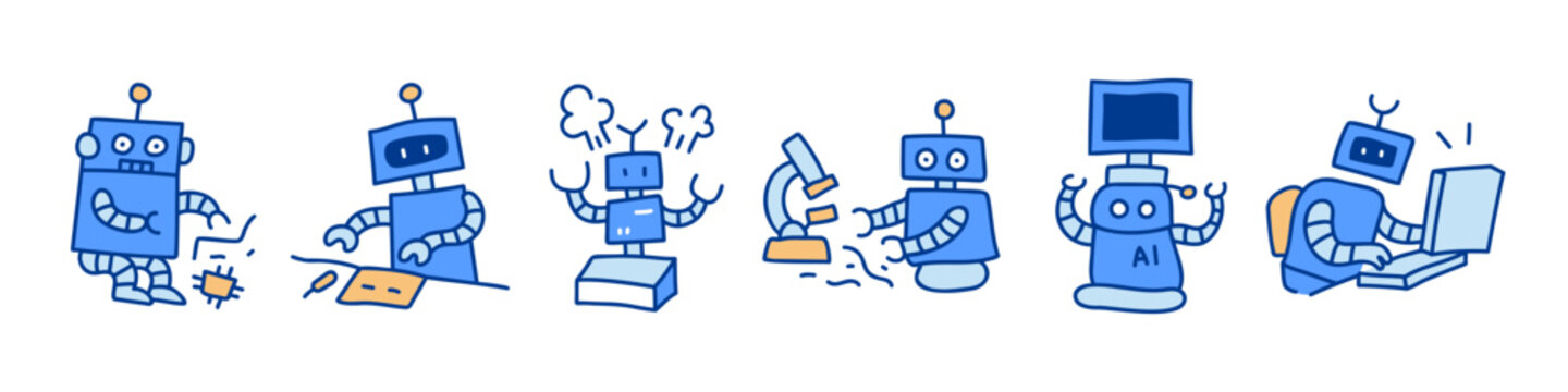 Broken AI robot doodle set for error page. It includes bug report, mistake, error, malfunction, and something went wrong vector illustrations.

