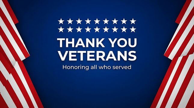 Thank you veterans message with american flags on a dark blue background for patriotic holiday celebration