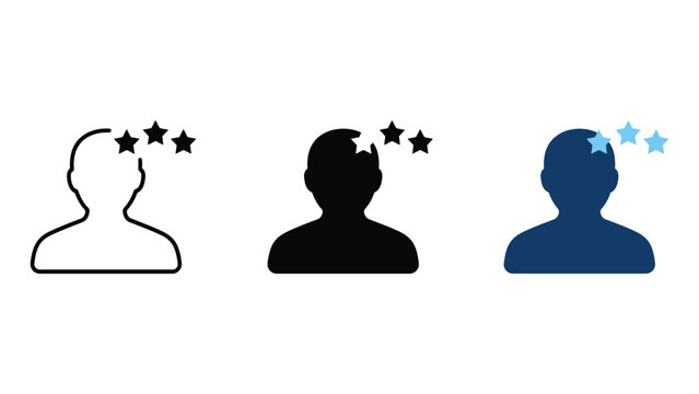 User dizziness or concussion head icon set with stars concussion confused