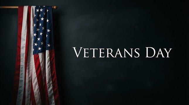 A rustic american flag hanging against a dark background with the text veterans day for patriotic celebration