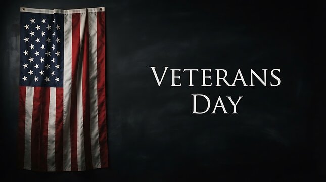 Veterans day background with a hanging american flag on a dark textured wall for patriotic holiday celebration
