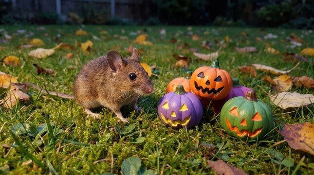 Cute mouse sitting near colorful evil halloween pumpkins on grass