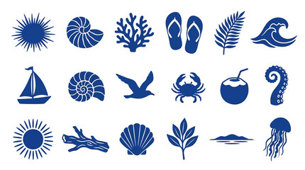 Naklejka premium summer nature element vector set featuring marine life tropical plants and beach symbols in blue