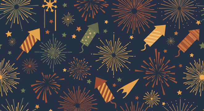 Fireworks and Rockets Celebration Seamless Pattern on Dark Blue