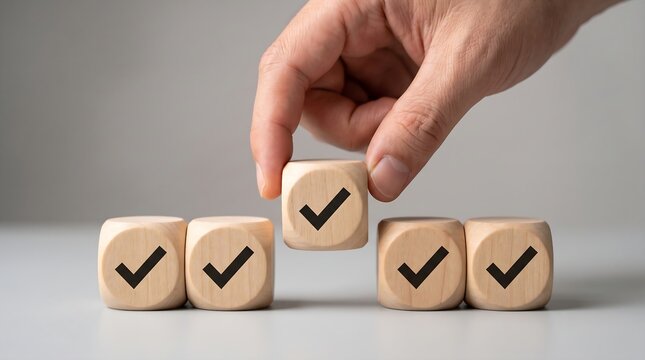 Survey Evaluation and Quality Assessment Concept with Check Mark Wooden Block on Gray Background