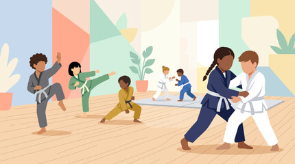 Fototapeta premium Students train inside a martial arts studio while wearing colorful uniforms and practicing sparring.