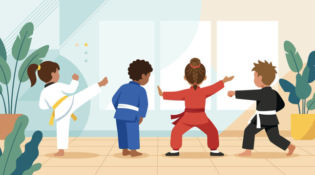 Children practice martial arts together in a bright training studio while wearing colorful uniforms.