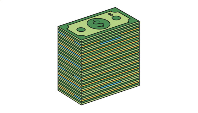 Isometric illustration of a huge stack of one hundred dollar bills representing wealth and business savings.