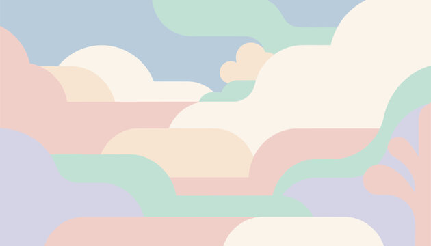 Abstract minimal vector landscape with soft pastel clouds and rolling hills in pink, blue, green, and purple.