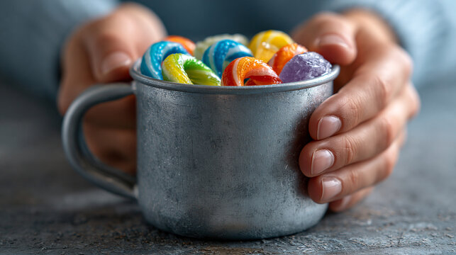 Hands holding a metallic cup filled with colorful sugar coated candy, snack time