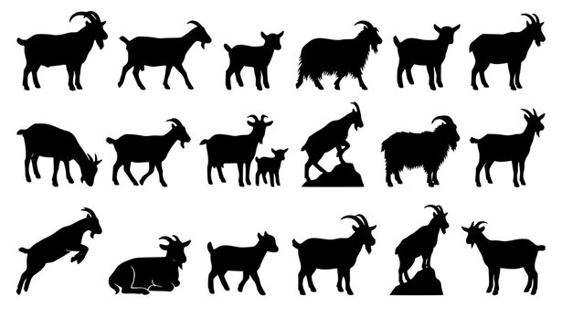 Goat Silhouettes Vector Collection with Domestic Farm Goats and Wild Mountain Goat Poses