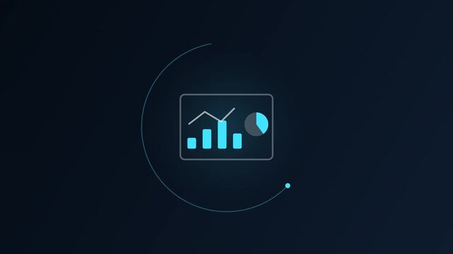 Analytics chart icon with bar graph and pie slice, glowing arc reveal animation on dark navy background