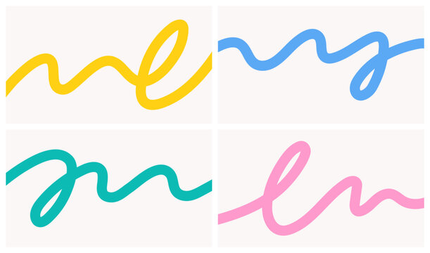 A modern, bright, trendy and colorful set of horizontal minimalist backgrounds, patterns with looped, wavy and thin line on a white background; simple hand-drawn vector illustration in a flat style