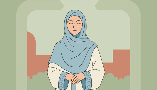 Portrait of peaceful young muslim woman wearing a light blue hijab standing in front of traditional arch.