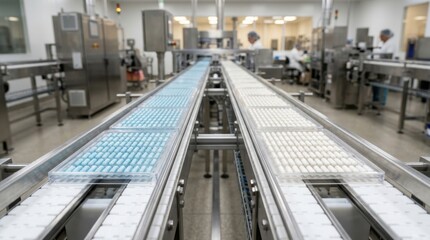 Obraz premium Pharmaceutical production line manufacturing pills in a modern factory