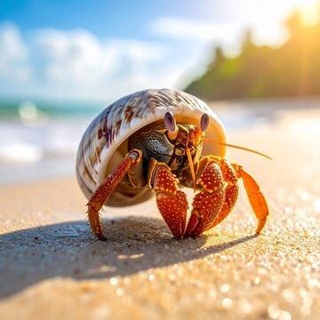 Hermit Crab on Sandy Beach with Ocean Background.