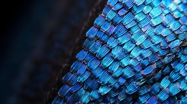 Macro close-up of vibrant blue morpho butterfly wing scales with dark space