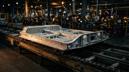 Fototapeta premium Electric vehicle battery chassis on a factory production conveyor belt