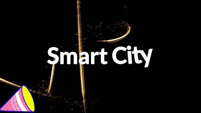 Smart City text appears on a dark background featuring golden light streaks and a colorful party blower in the lower corner to illustrate technological progress and urban connectivity.