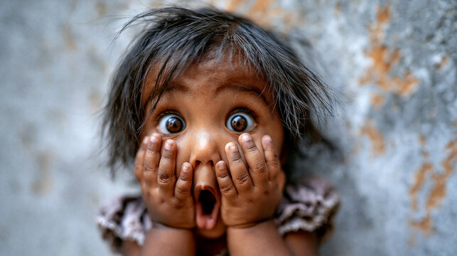 A young girl with a dirty face looking surprised while holding hands near her mouth