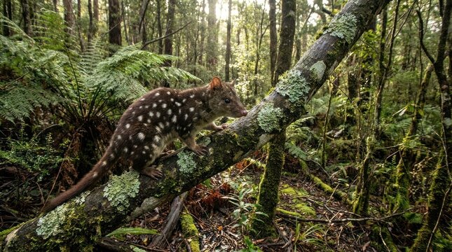 Spotted quoll standing on tree branch in natural wild environment