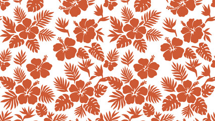 Seamless Orange Hawaiian Hibiscus and Tropical Leaf Vector Pattern. Flat vector illustration EPS 10. © Dijee Art