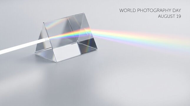 Minimalist 3D render of optical glass prism refracting white light into colorful rainbow spectrum for World Photography Day celebration