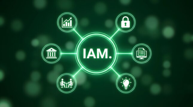 Digital iam identity and access management concept with a central glowing circle and connected for security, documents, analytics, buildings, and lightbulb ideas