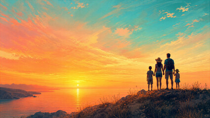 Fototapeta premium Summer family travel illustration with sunset silhouette hike. Happy parents and children exploring nature on vacation with warm golden light.