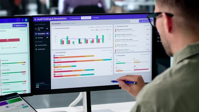 Internal Auditor Reviews Compliance Dashboard On Laptop
