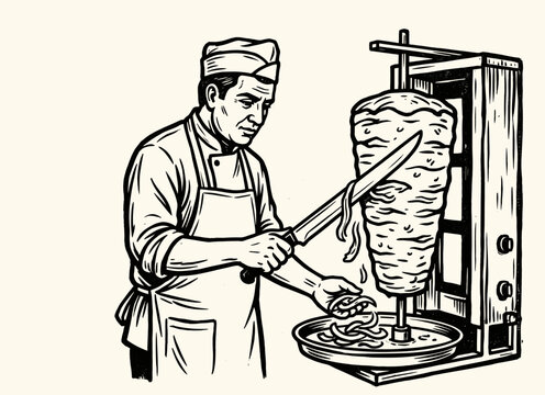 Chef carving doner kebab from vertical rotisserie, hand drawn engraving illustration, street food vector illustration